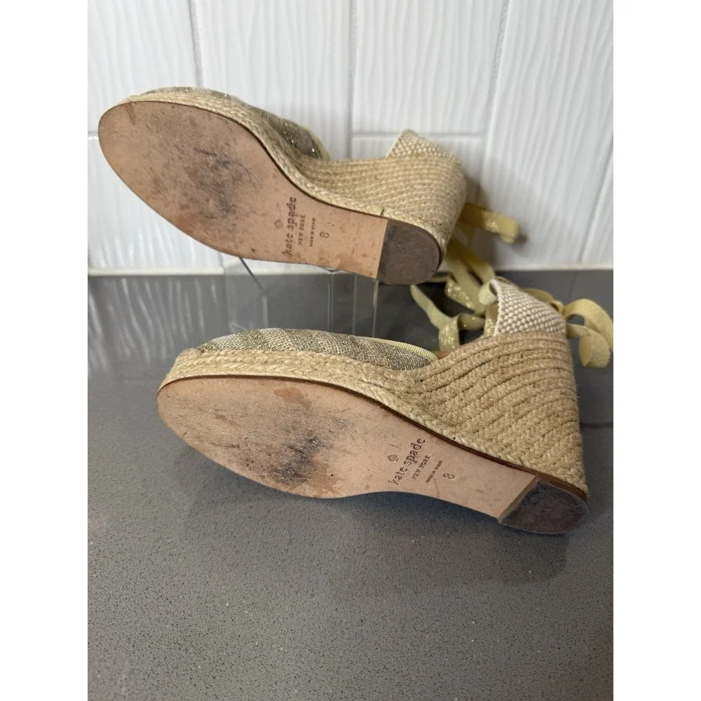 Kate Spade Gold Tan Espadrille Wedge Ankle Tie Sandals Shoes Women's Size 8M EUC